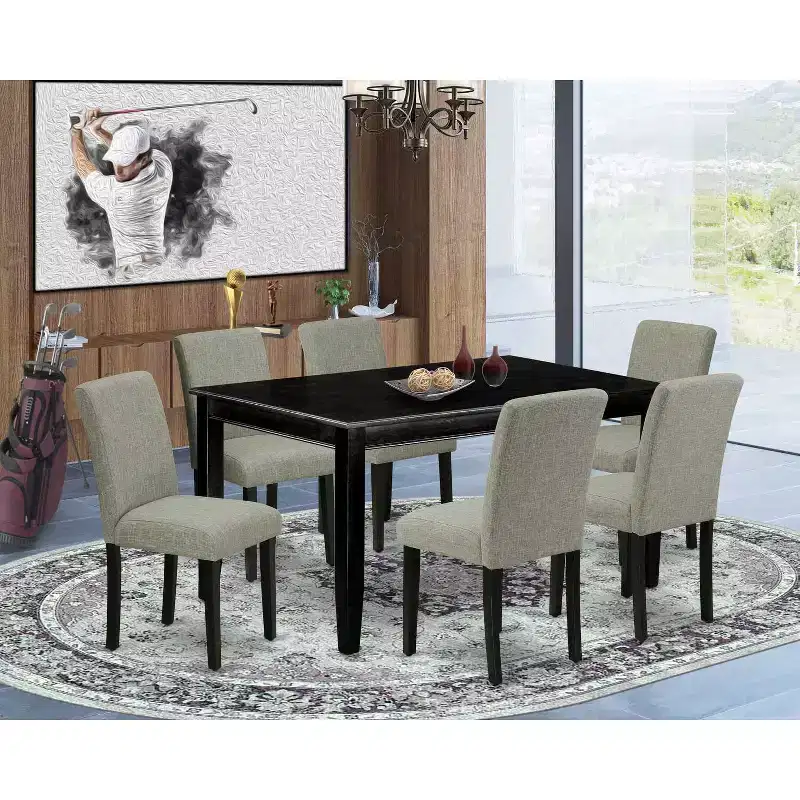 Black Rectangle Dining Table Set with Shitake Linen Chairs, Seats 6 (7-Piece)