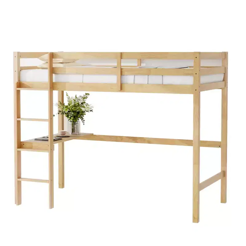 MAYEERTY Twin High Loft Bed with Safety Guardrail, Bulit-in Desk, Ladder Beige