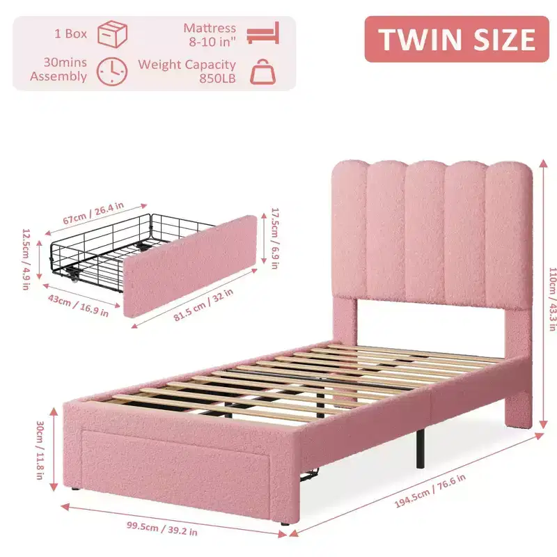 Kids Twin Bed, Boucle Upholstered Bed Frame with Storage Drawer, Wavy Headboard & Strong Wooden Slats, No Box Spring Needed, Pink