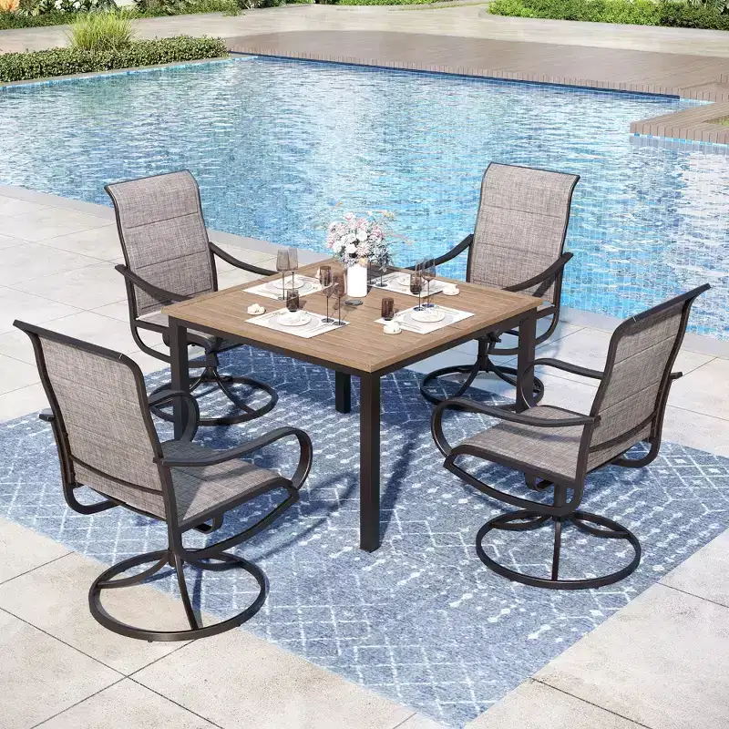 Captiva Designs 5pc Outdoor Patio Square Dining Steel Table & Swivel Sling Metal Chairs