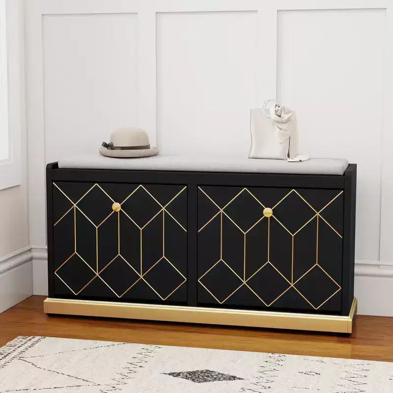 Modern Shoe Storage Bench with 2 Flip Drawers & Padded Cushion Seat, Upholstered Entryway Organizer for Hallway Closet Living Room - Gold Trim
