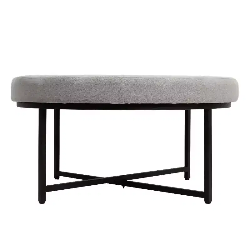 34 Round Cotton Linen Tufted Ottoman with Metal Frame