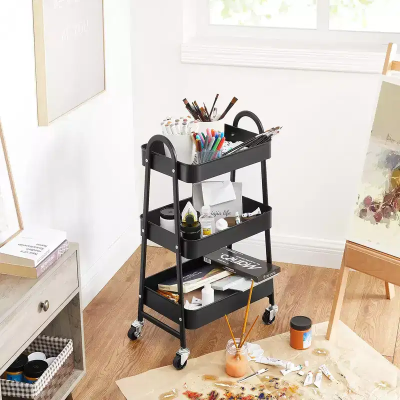 SONGMICS 3-Tier Rolling Cart, Metal Storage Cart, Kitchen Storage Trolley with 2 Brakes and Handles, Utility Cart, Easy Assembly