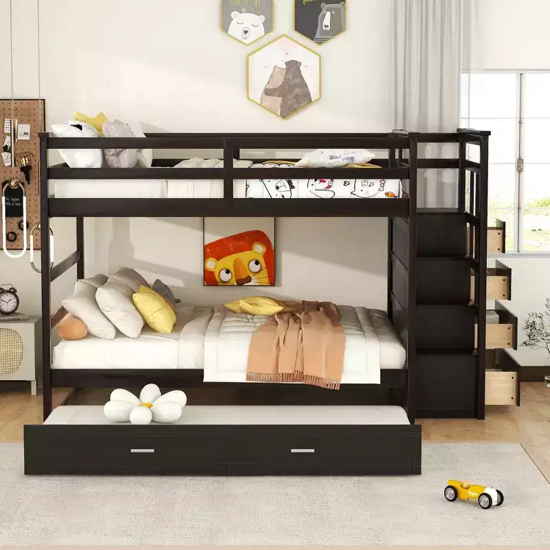 Full Over Full Bunk Bed with Twin Trundle, Storage Drawers & Staircase, Wooden Loft Bed Frame