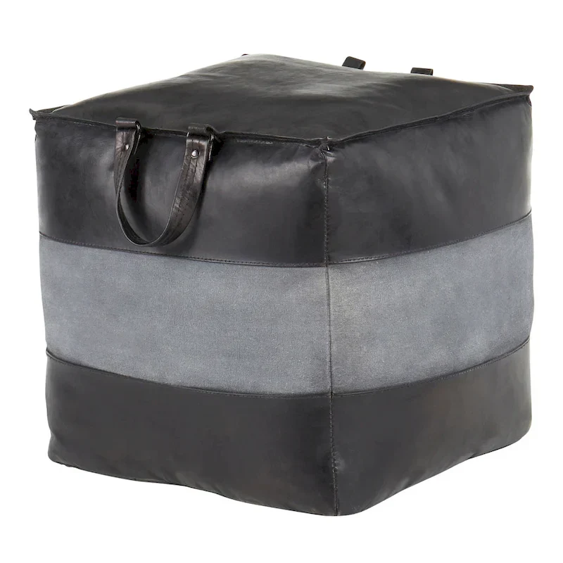 Leather & Canvas Pouf Ottoman – Brown/Tan, Black/Grey, Espresso/Tan – 1 Person