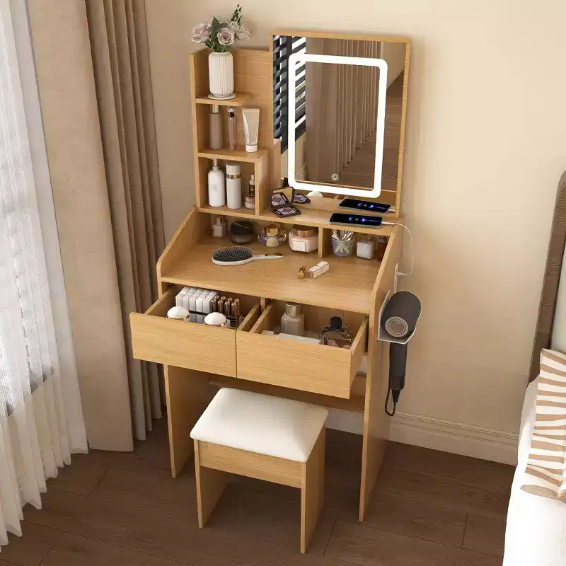 Okak Makeup Vanity with Power Outlet, Hairdryer Holder & Stool, Makeup Desk with 2 Drawers and 5 Shelves, Dressing Table for Bedroom, Wood