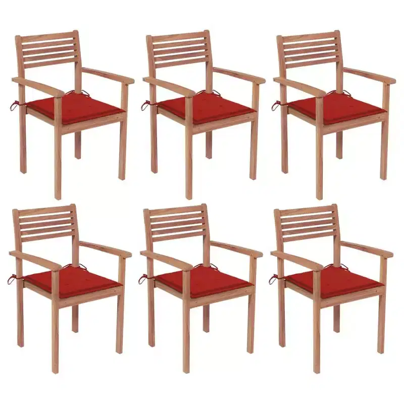 vidaXL Solid Teak Wood Stackable Patio Chairs with Cushions - Set of 6, Easy Assembly, Comfortable Outdoor Seating, Weather Resistant and Durable