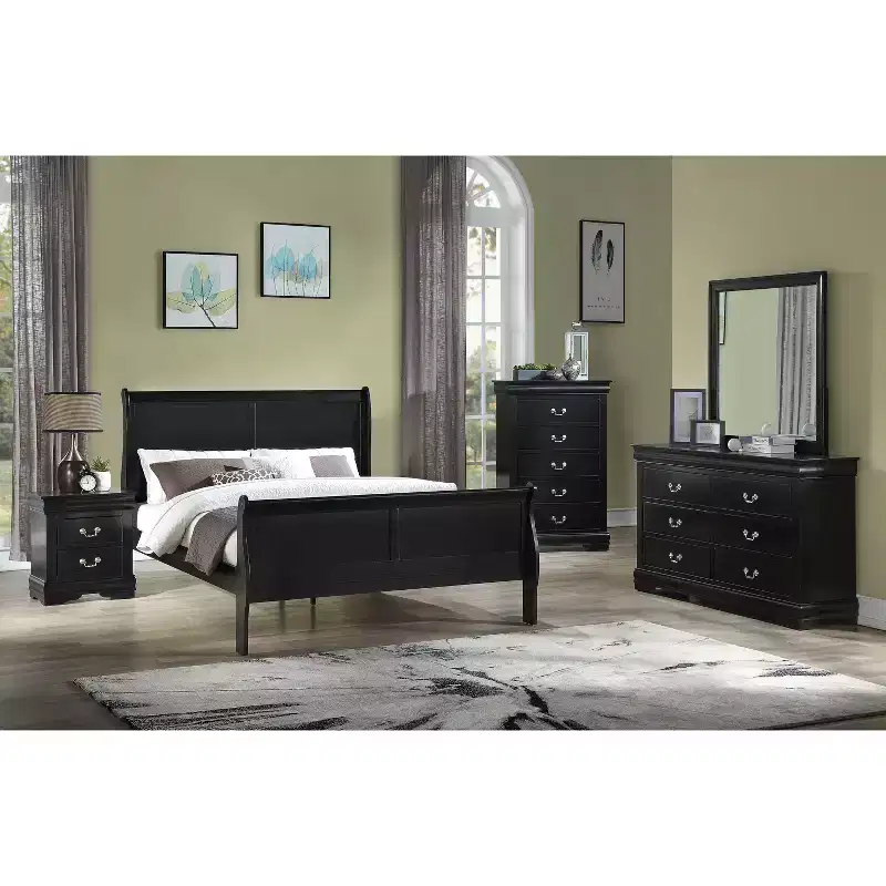 Solid Wood Bedroom Furniture 5-Drawer Chest, Sleigh Bed, Brass Hardware, Easy Assembly