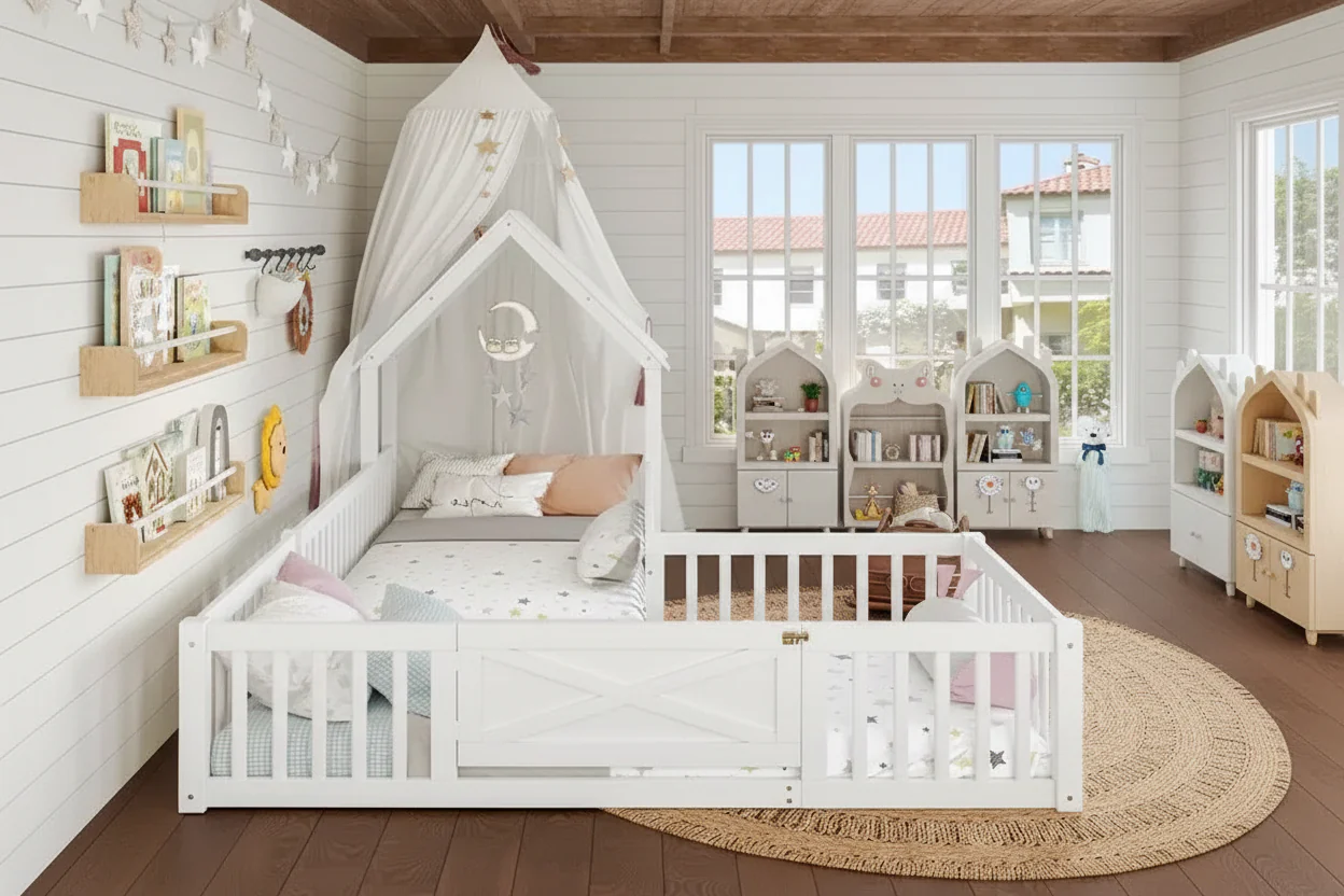 Twin/Full Size House Bed with Door and Guardrails, Double Twin Wood Platform Bed for Kids