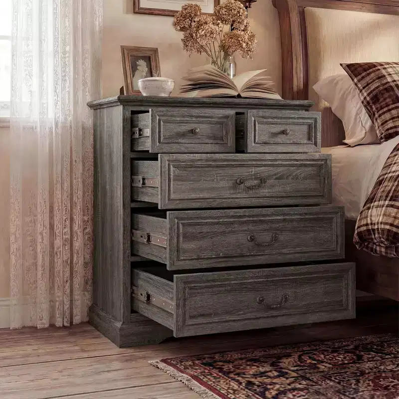 Famapy Farmhouse Nightstand Bedside Table 5-Drawer Chest Dresser with Antique Bronze Knobs,for Bedroom Storage Distressed Chest of Drawers