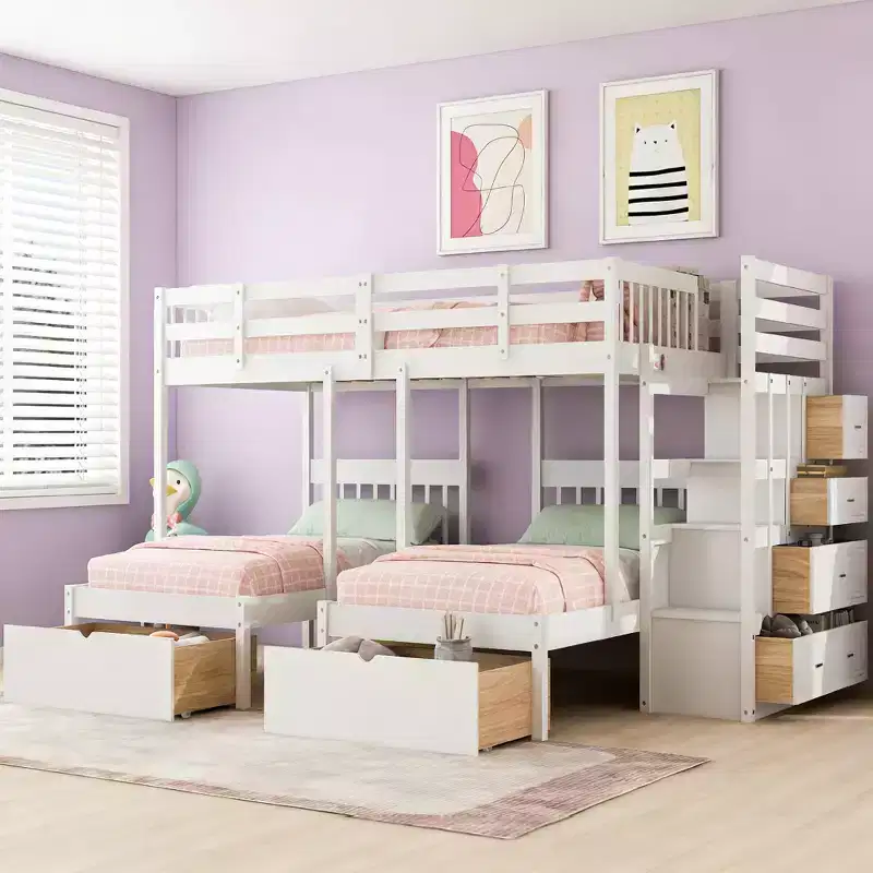 Full Over Twin and Twin Wooden Bunk Bed with 6 Drawers and Stair