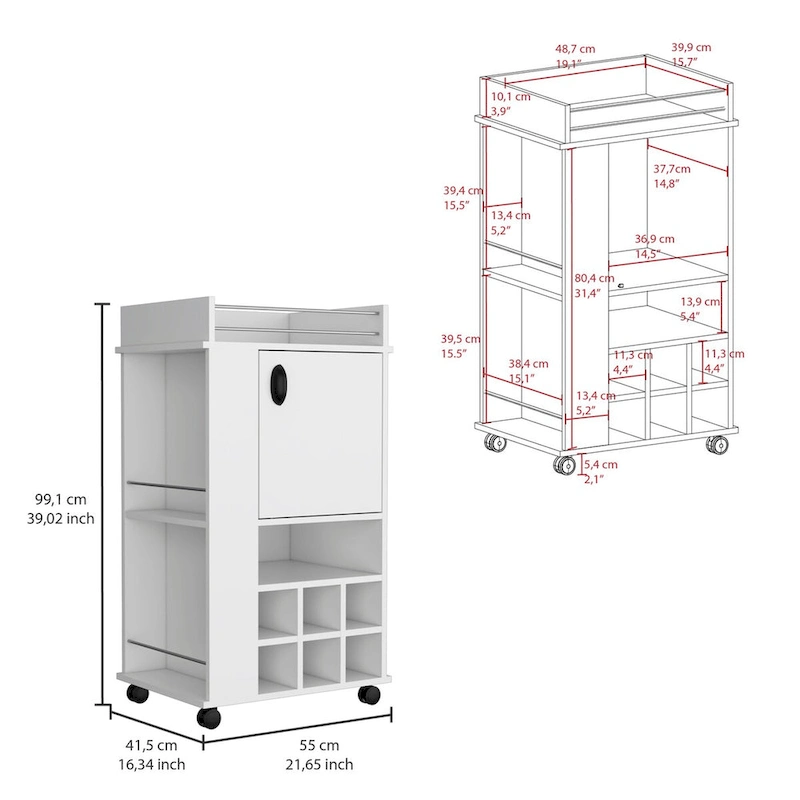 Bar Cart with Cabinet, 6 Built-in Wine Rack and Casters