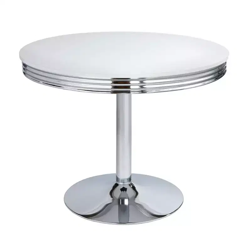 Retro Round Dining Table White – Chrome Pedestal Base, Seats 4