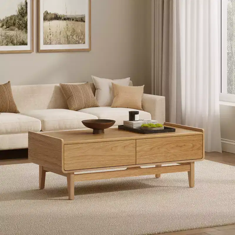 LuxenHome Mid-Century Modern Coffee Table with Storage, 47 Summer Oak Wood Rectangular Accent Center Table for Living Room, Home & Office Brown