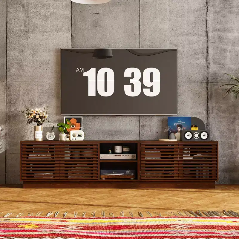 Rustic Brown Slatted-Door TV Stand with Storage Cabinets and Open Shelves