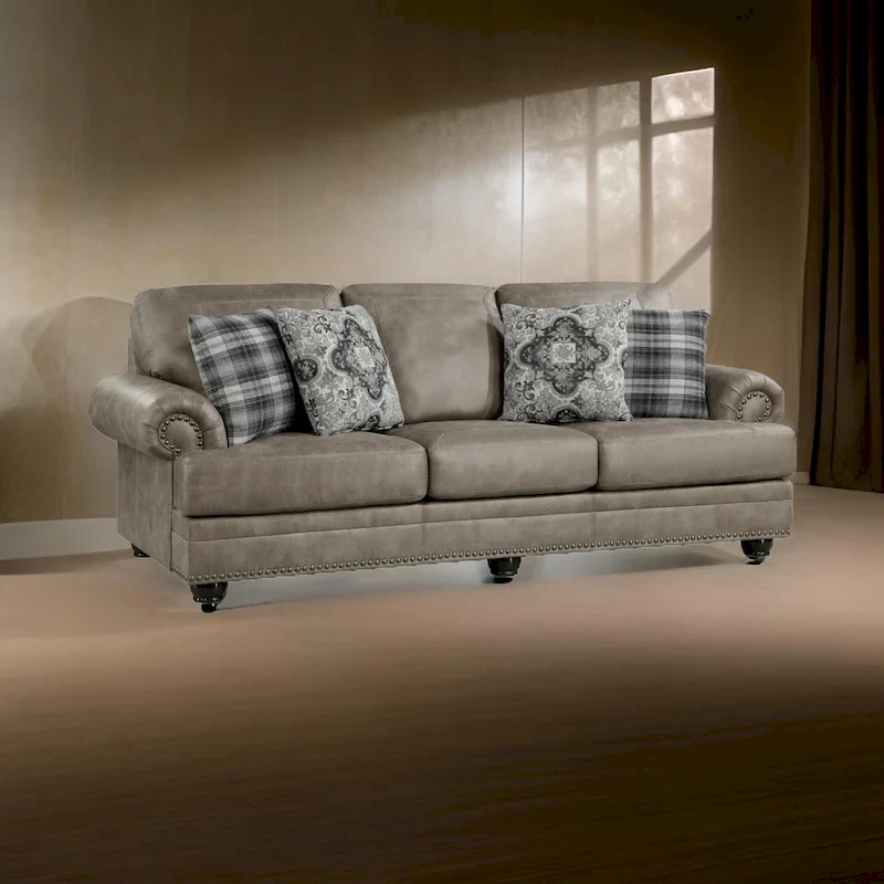 Taupe Brown / Espresso Brown Nailhead Trim Sofa, 3-Seat