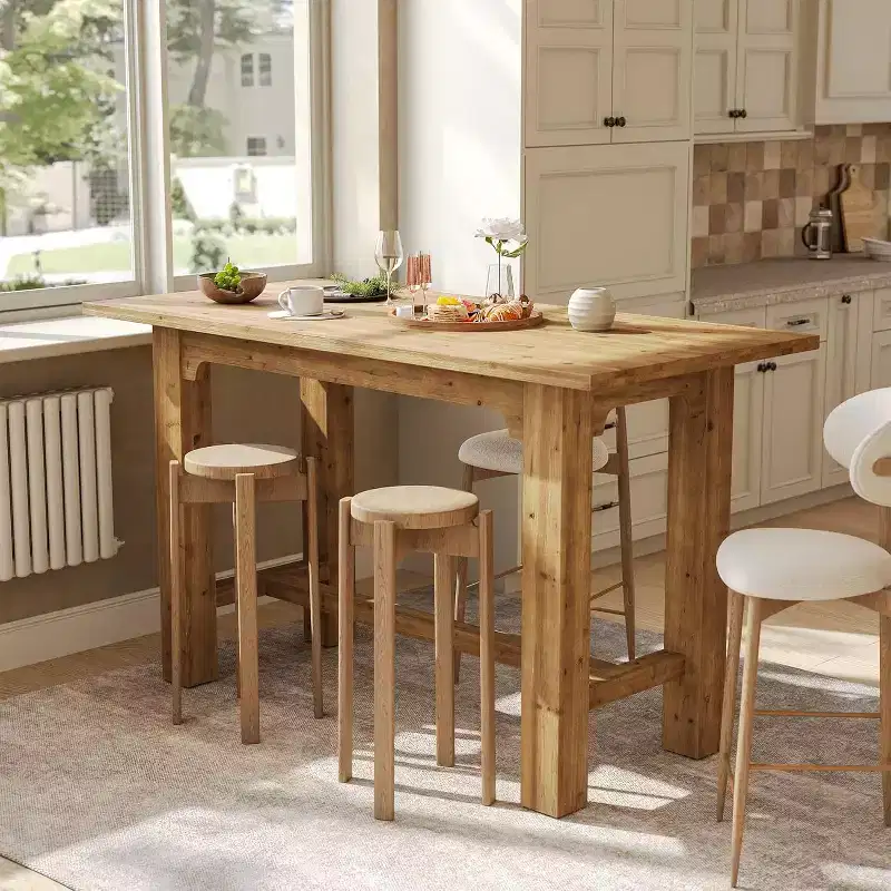 Lantine Solid Wood Bar Table, 63-Inch Long Counter Height Pub Table, High Home Bar Furniture for Kitchen