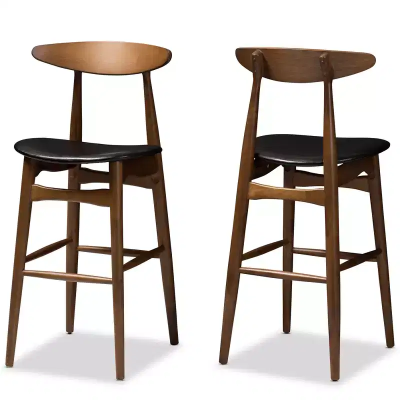 Set of 2 Flora Mid-Century Modern Walnut Finished Wood Upholstered Barstools Black - Baxton Studio: Faux Leather, Curved Back, Fixed Height