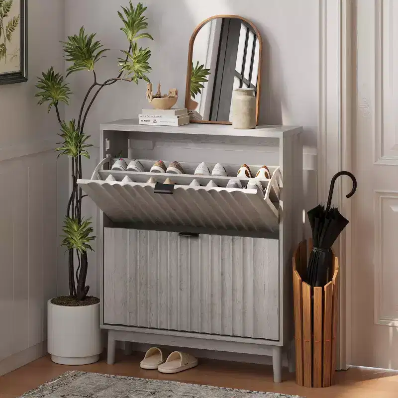 Shoe Cabinet With Wave Doors, Shoe Cabinet For Entryway, Modern Shoe Rack Organizer With 2 Flip Drawers For Hallway, Closet, Entrance, Closet, Grey