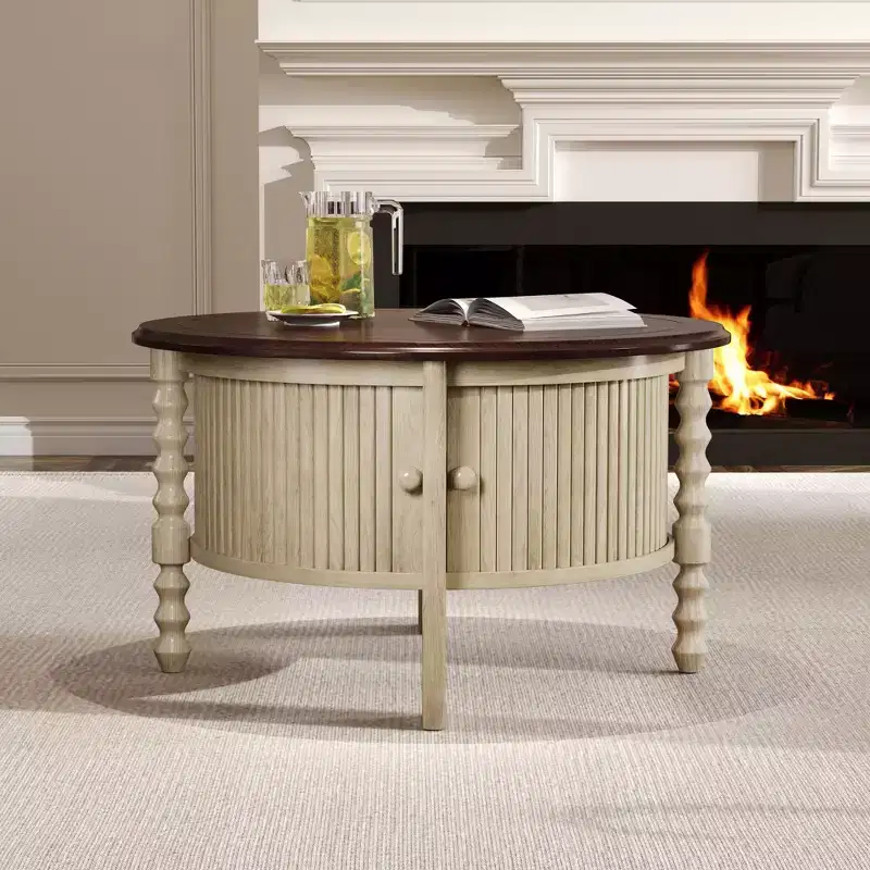 Vintage Oval/Round Coffee Table Cocktail Table Accent Table Sofa Side Table Center Table with Drawer/Sliding Door, Walnut/Beige+Espresso-ModernLuxe