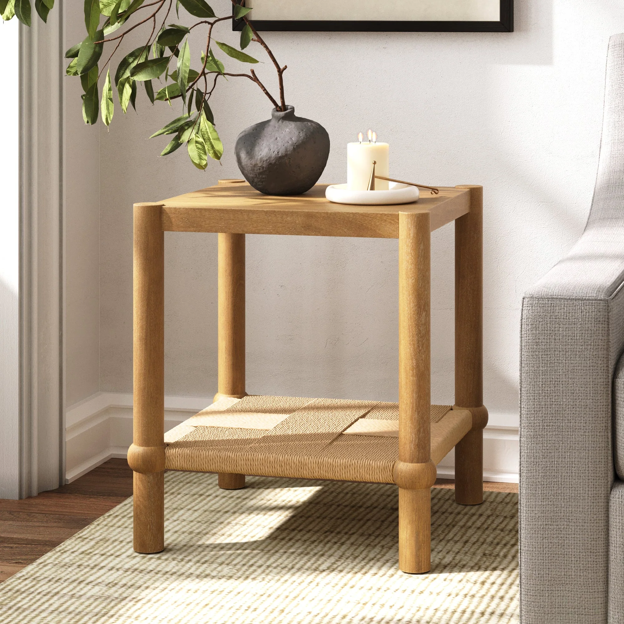 Wood 2-Tier Coastal Side Table with Seagrass Shelf Light Brown