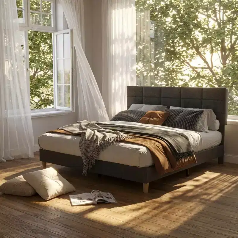 Full Size Bed Frame with Headboard, Grey Linen Upholstered w/ 700LBS Wood Slat Support, No Box Spring