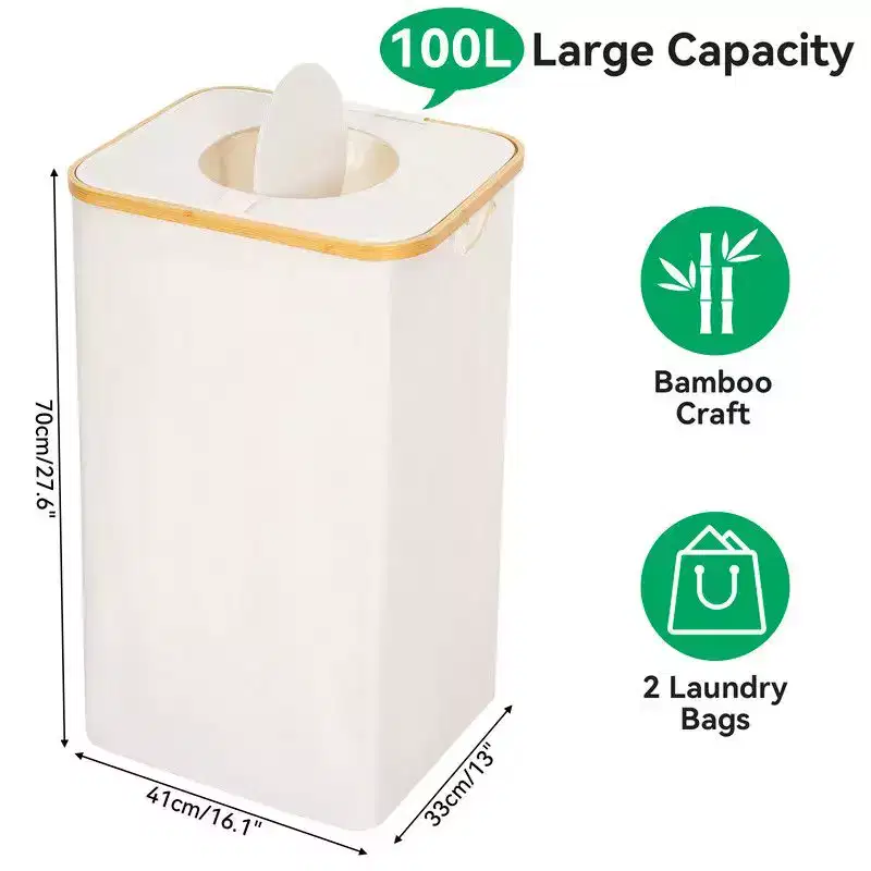 100L Beige Laundry Hamper & Recycling Bin with Lid, 2 Liners, Collapsible, Waterproof