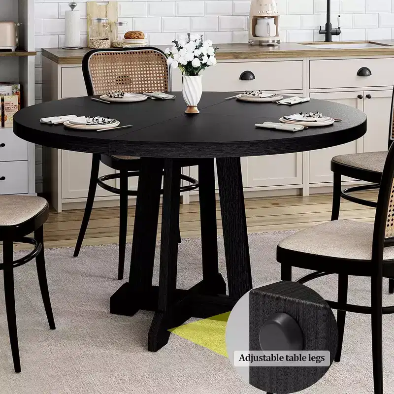 47 Round Dining Table for 4, Wood Pedestal Kitchen Table with Sturdy Base & 4-Section Top, Farmhouse Dinner Table for Dining Room