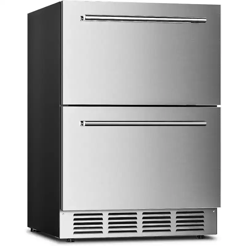 ZAFRO 24 Built-In Beverage Cooler, 145 Can Capacity, Double Drawer Design, Silver. Perfect for Kitchen, Outdoor, or Commercial Use.