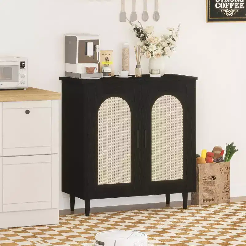 Sideboard Buffet Kitchen Storage Cabinet with Rattan, Solid Wood Feet for Living Room, Hallway