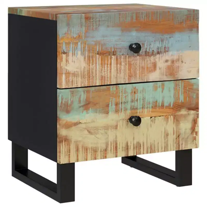 Industrial Bedside Cabinet with Reclaimed Wood & Iron Legs, Multicolour
