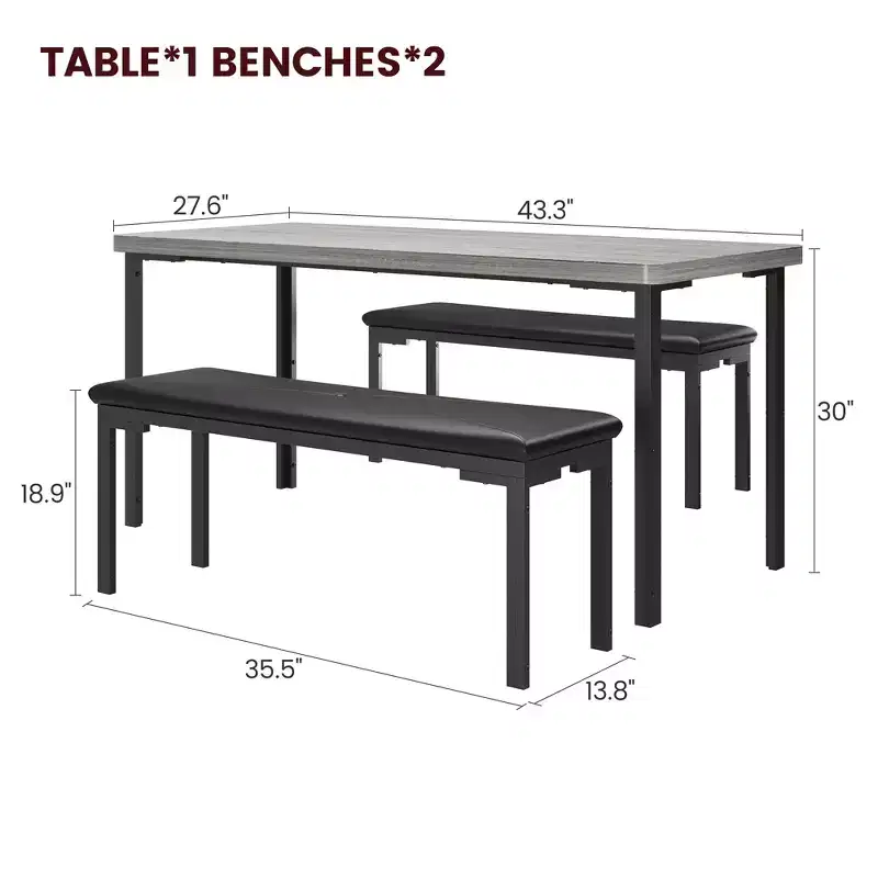 Kitchen Table with 2 Benches, with Metal Frame