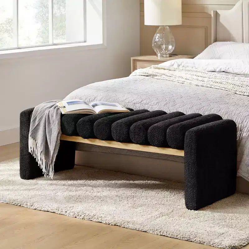 Alice Solid Wood Bench with H-Shaped Frame & Removable Round Bolster Cushions - Modern Minimalist, Polyester Upholstery, 19
