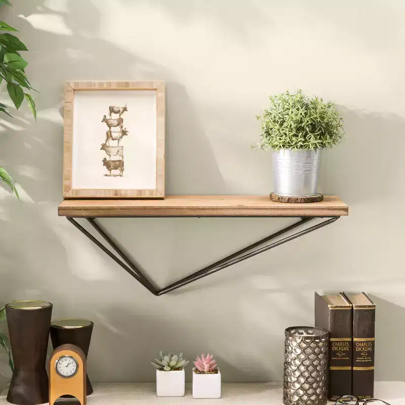 Wall Mount Floating Shelf with Diamond Shaped Iron Bracket Brown .: Modern Pine Wood, Metal Frame