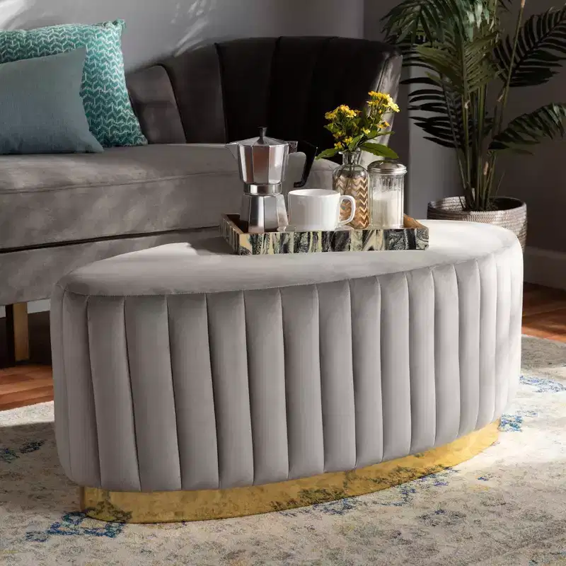 Velvet Fabric Upholstered and PU Leather Ottoman Gold