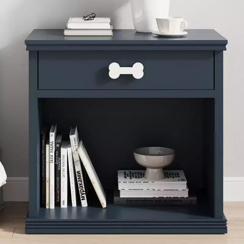 Heynemo Blue LED Sideboard with Drawer and Shelf, Wooden End Table with LED Light, Bedside Storage Cabinet Pet House with Bone-Shaped Handle, Office