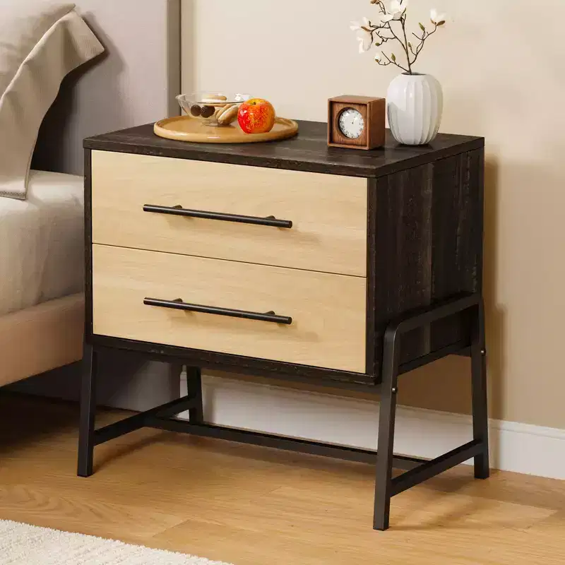 Nightstand with Drawers,23.6 Wide Bedside Table with Storage, Light Wood Side Table with Metal Legs, Dark Brown Night Stand