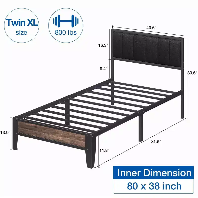 Lusimo Twin XL Metal Platform Bed Frame with Fabric Upholstered Headboard Easy Assembly