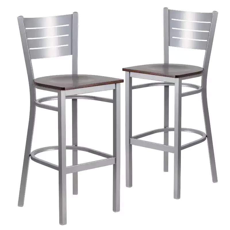 2 Pack Silver Slat Back Metal Restaurant Barstool