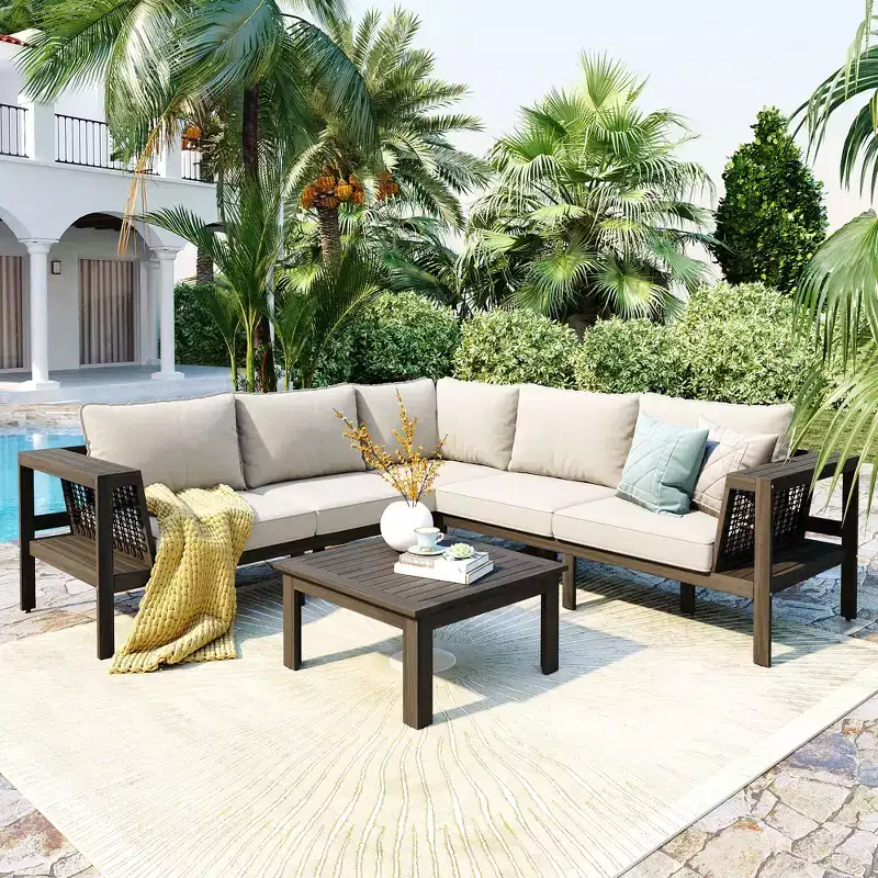 4-Piece Outdoor Acacia Wood Sofa Set with Woven Mesh Armrests, L-Shaped Patio Conversation Set with Coffee Table and Side Table - ModernLuxe