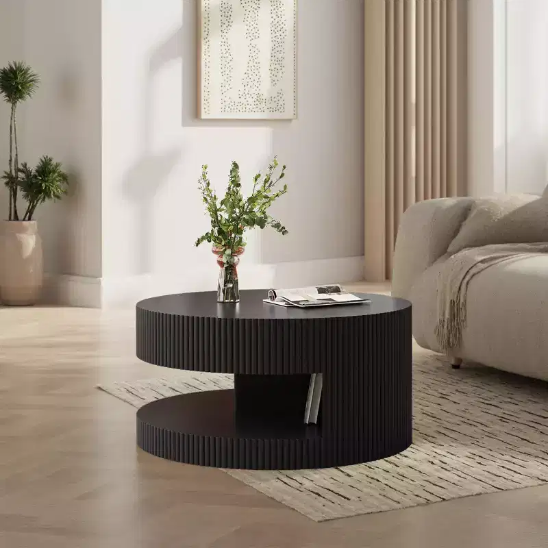 JVNOXK 31.5-inch Modern Round Coffee Table, Vertical Stripe Design Side Table with Open Shelf, Suitable for Bedroom or Living Room, Black