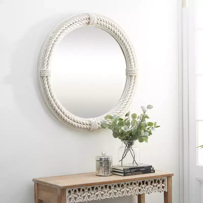 Coastal Wood Wall Mirror with Wrapped Rope Accents White - Olivia & May: Nautical Beach Decor, No Assembly Required