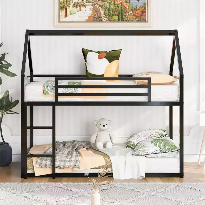 Twin over Twin House Bunk Bed with Built-in Ladder / Slide, Metal Frame, No Box Spring Needed, White/Black - ModernLuxe