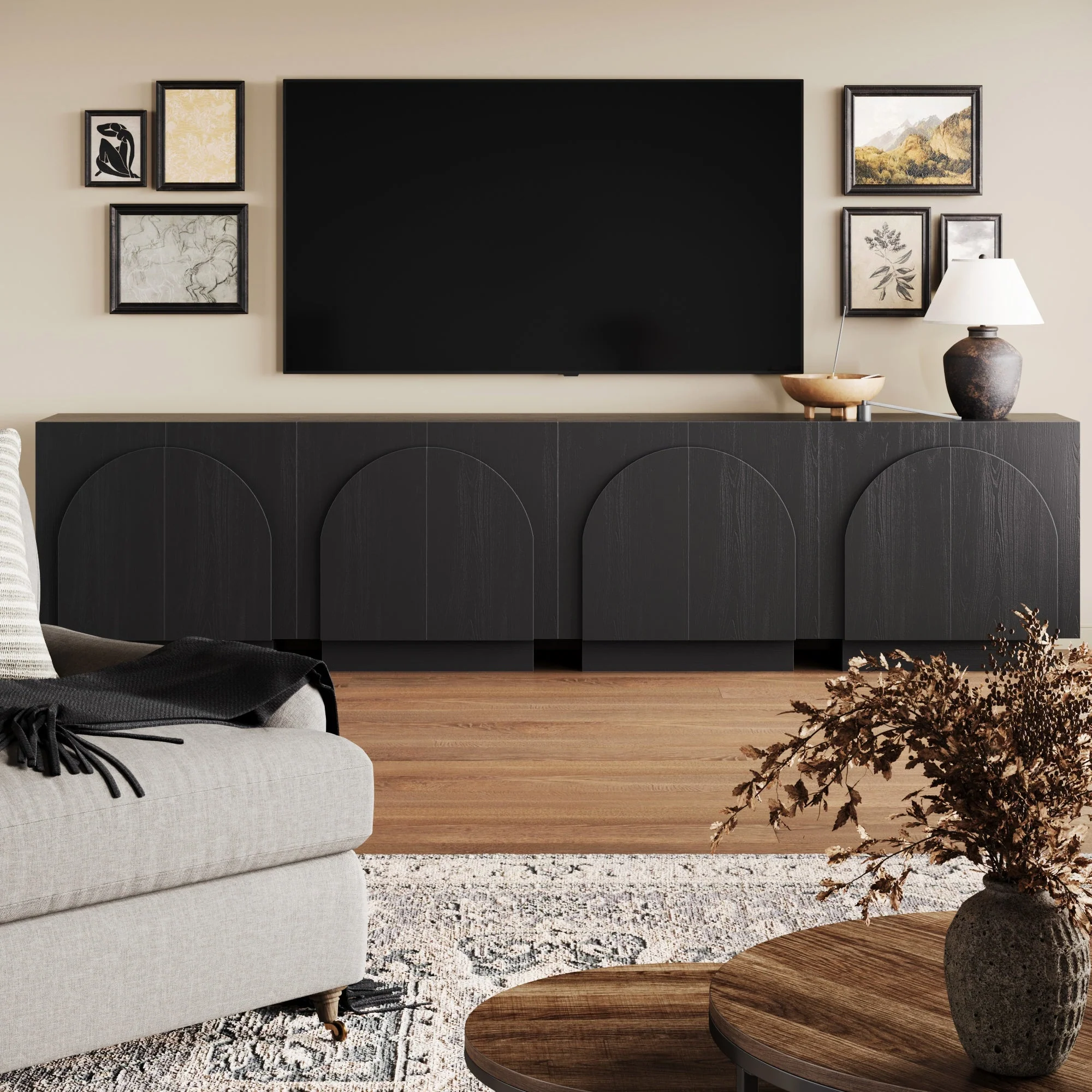 Wood Arched TV Console Stand for TVs up to 100 Black