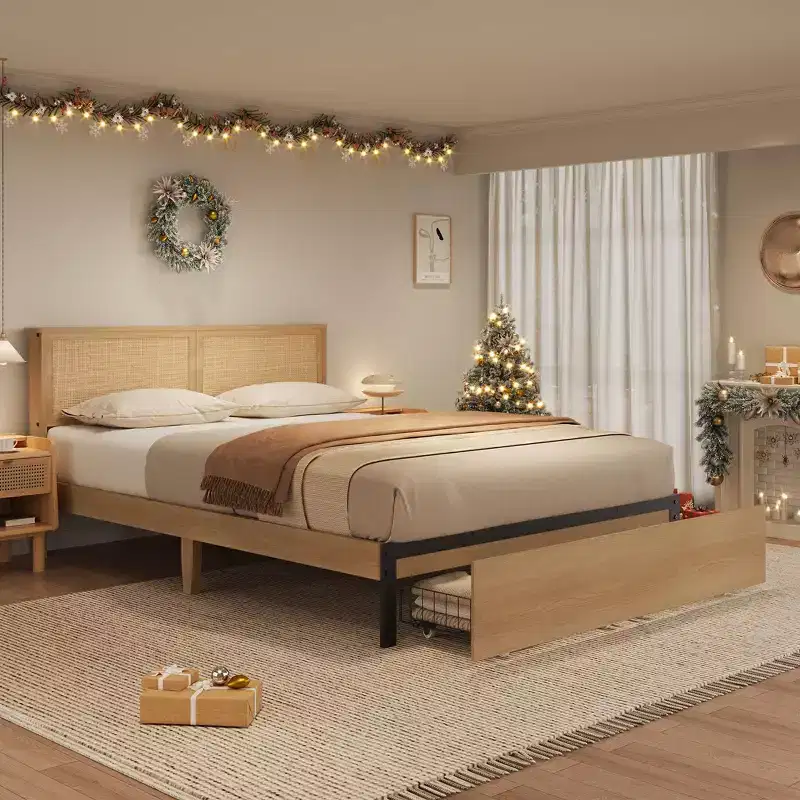 Rattan Bed Frame Bed Frame with 2 Drawers, Wooden Platform Bed with Rattan Headboard, Storage Bed Frame, No Box Spring Needed, Natural Oak