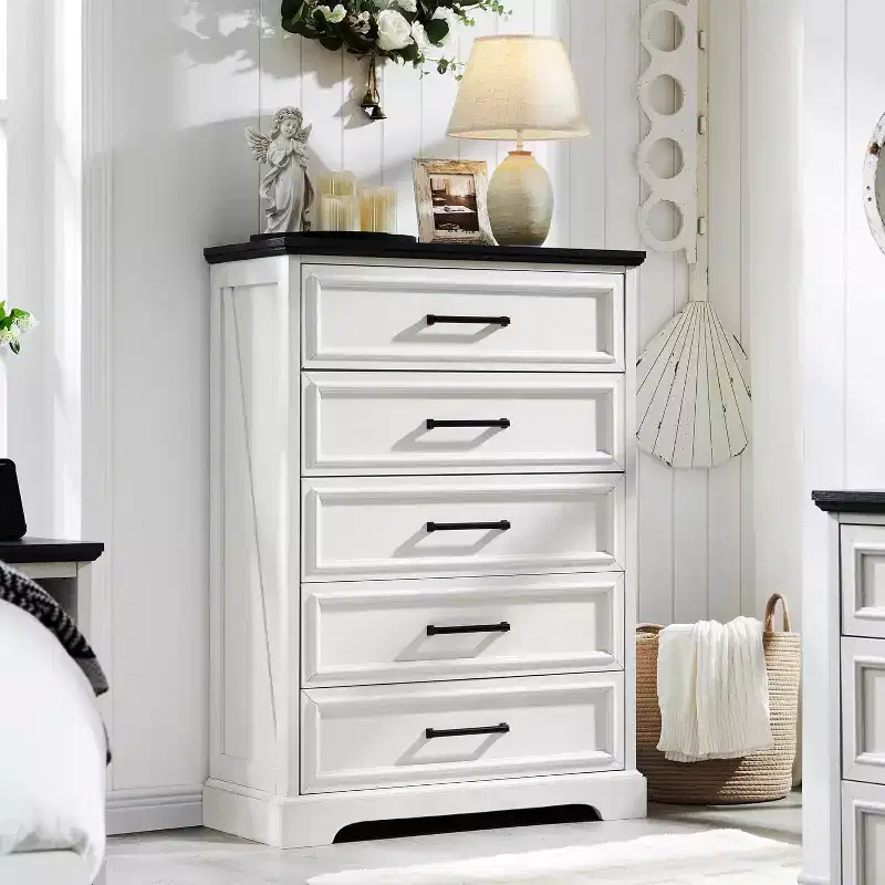 46 Farmhouse 5 Drawers Dresser for Bedroom, Tall Wood Chest of Drawers with Natural Texture for Bedroom, Living Room