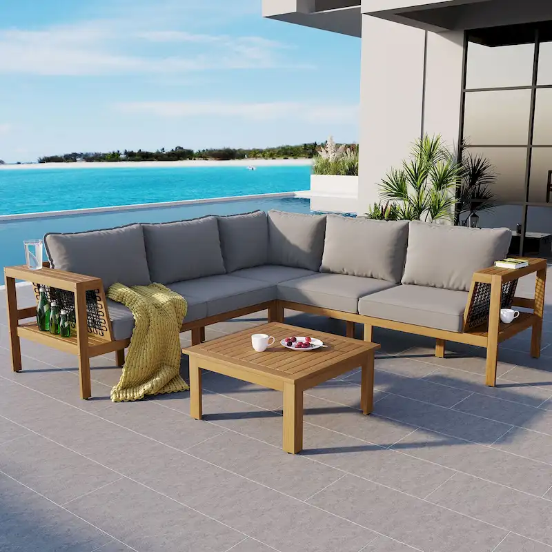 4-Pieces Outdoor L-Shaped Sofa Set with Woven Mesh Armrests & Coffee Table