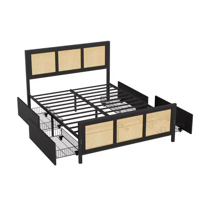 Boho Rattan Full Bed Frame with 4 Storage Drawers & LED Headboard