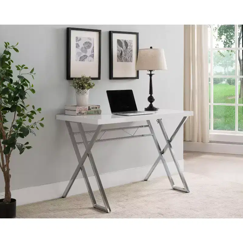 Modern White Writing Desk Metal Legs Wood Top 43 Inch Home Office
