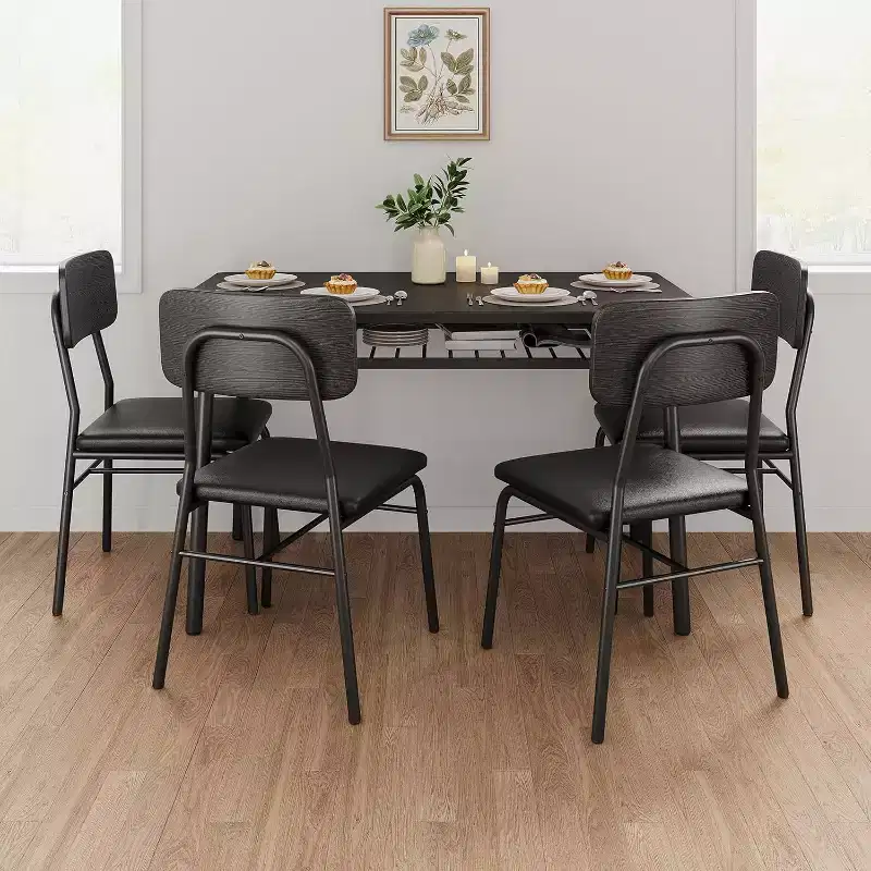 5-Piece Dining Table Set for 4, Wood Kitchen Table with Storage Rack, Upholstered Chairs of 4, Dining Room Set for Small Space, Apartment